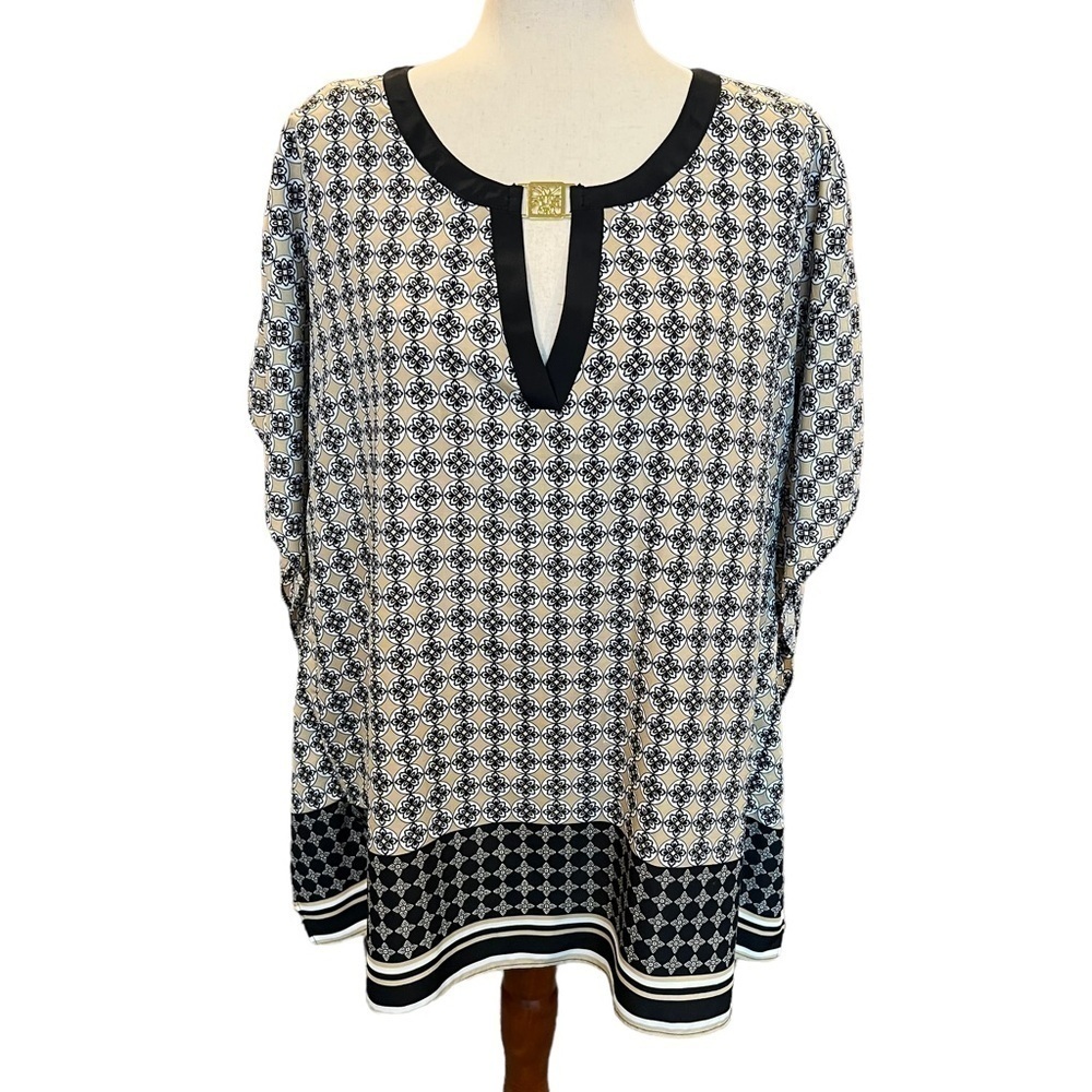 Anne Klein Kaftan Tunic Top Blouse Geometric Pattern Size: 1X Mature Work Church